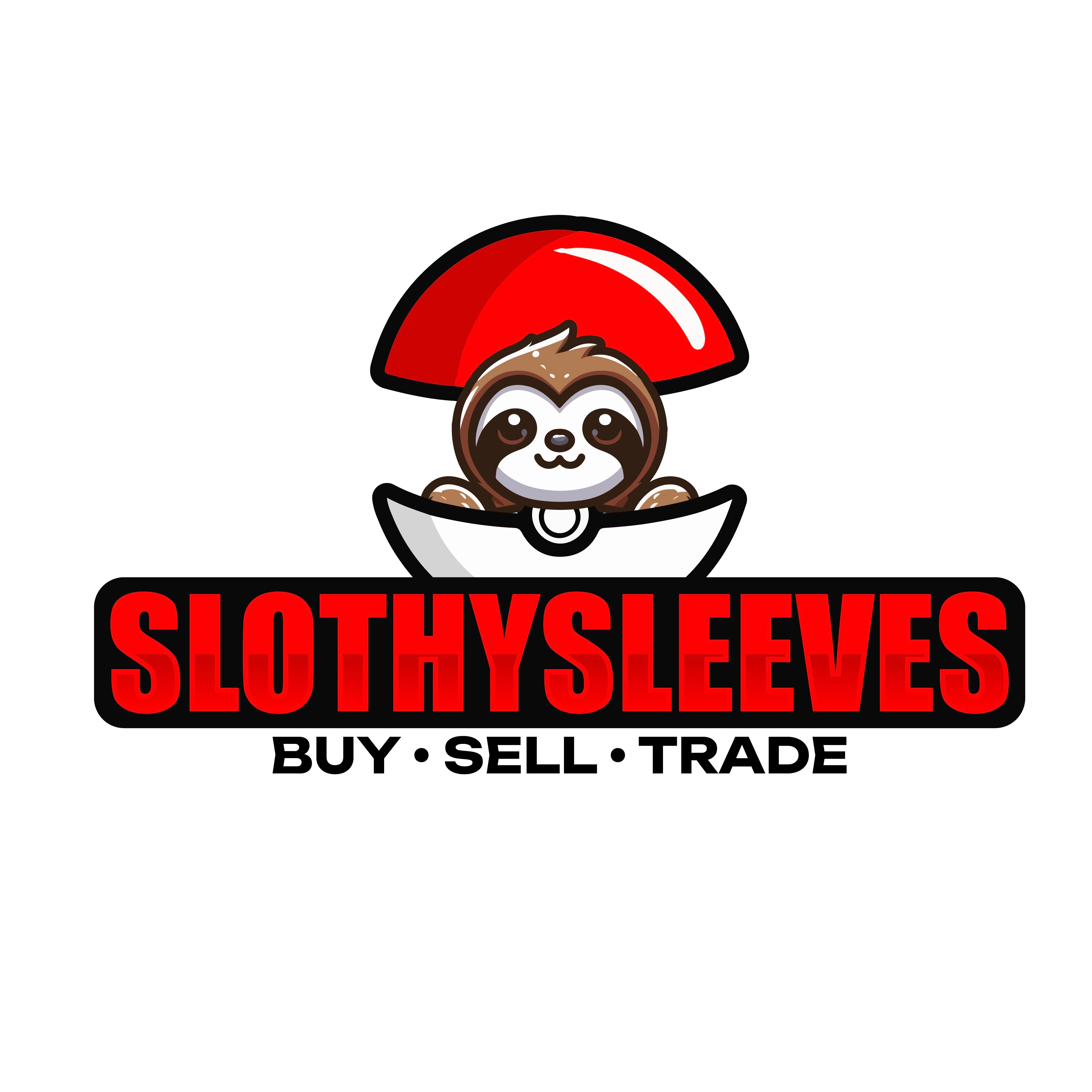 Slothy Sleeves mascot — a cute sloth holding Pokémon cards